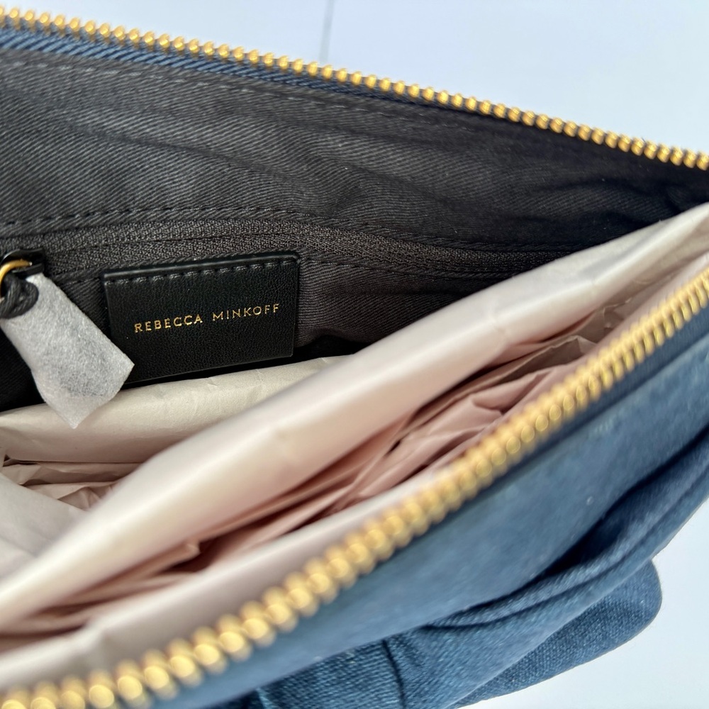 Rebecca Minkoff Bow Clutch Denim Blue NWT Wristlet Zip Pouch - Picture 5 of 8